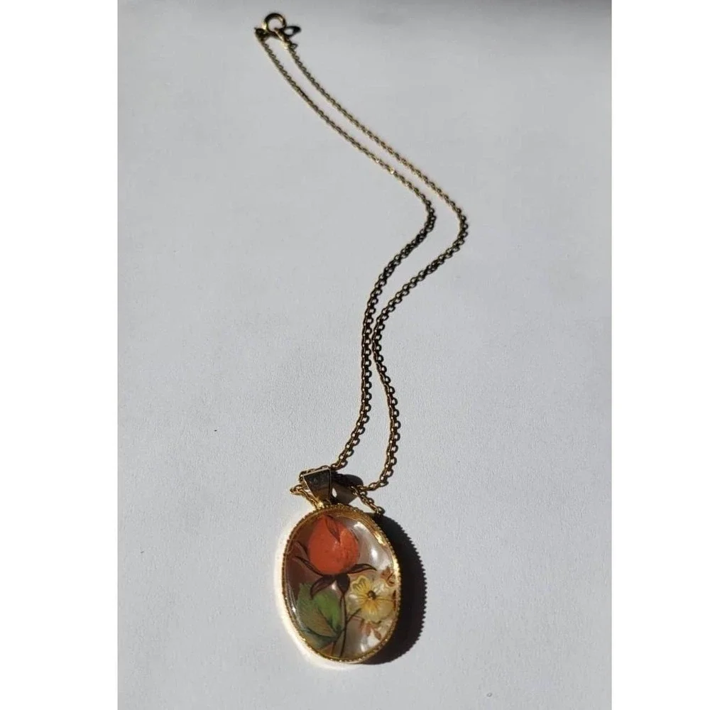 Oval Pendant Necklace with Orange Rose and Butterflies Vintage Brass Chain